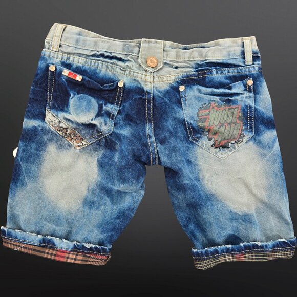 Y2K Baggy Long denim Shorts Womens Size S Rhinestone Sequin Distressed Grunge - Picture 2 of 7